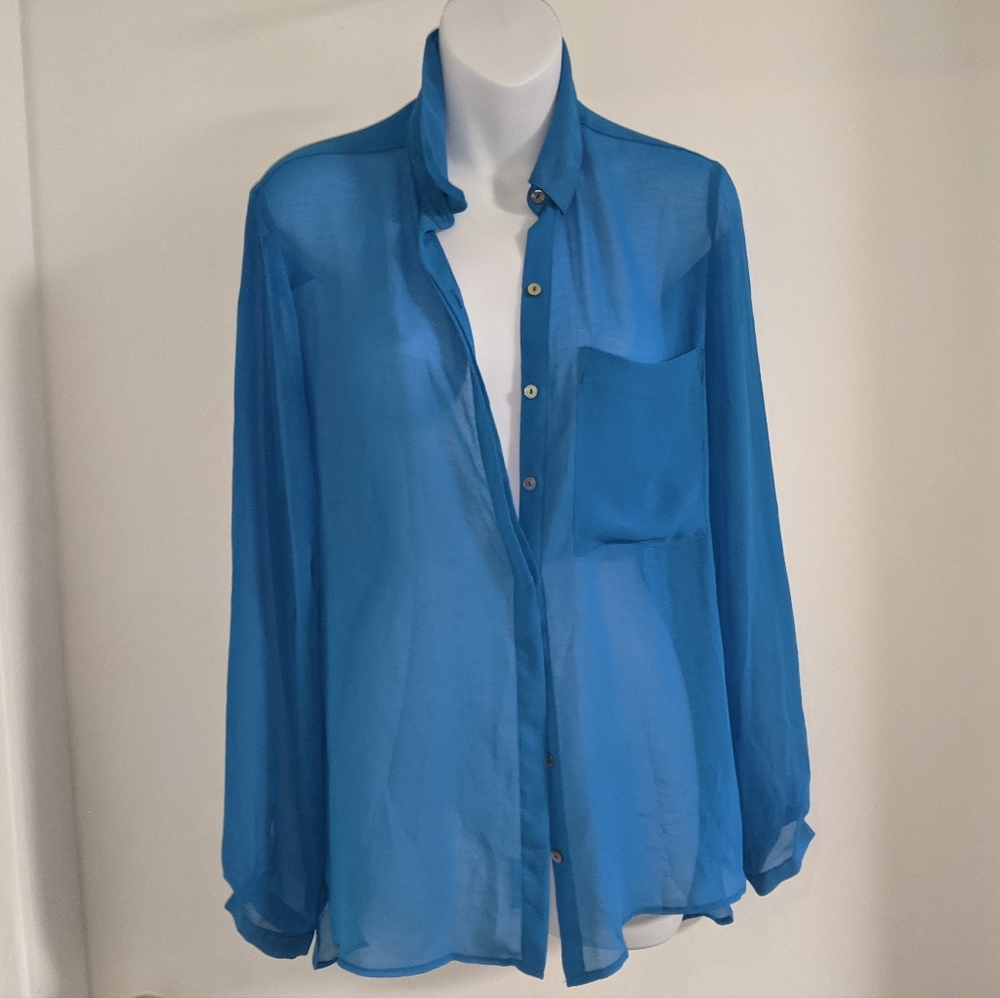 3/$25 Blue sheer long sleeve button up blouse pocket